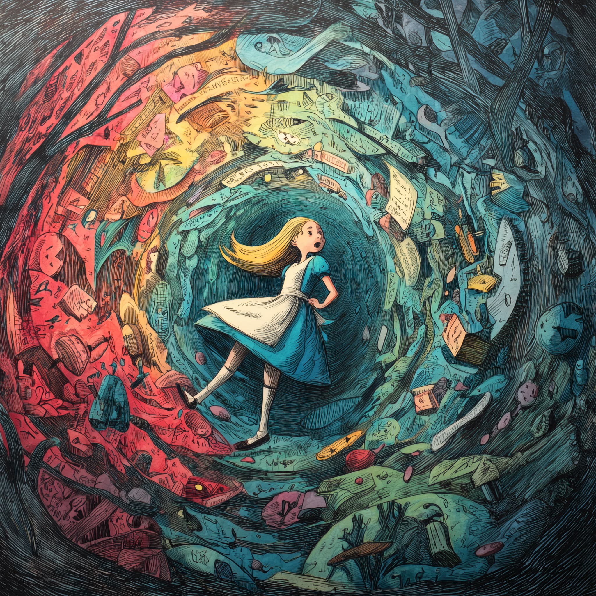 Alice falling down the rabbit hole, whimsical style, colorful and surreal