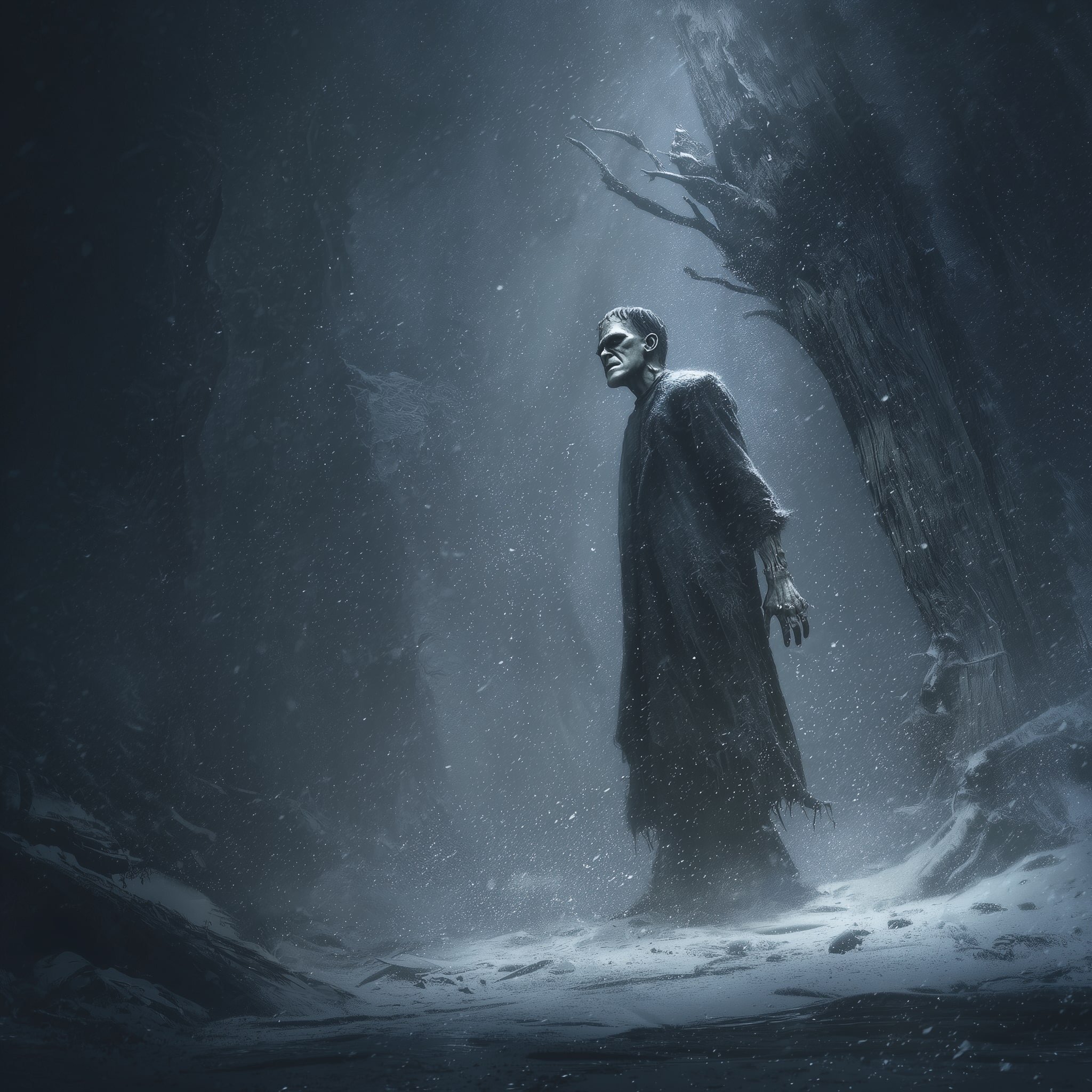 Frankenstein’s creature standing in a snowy forest at night, dramatic lighting