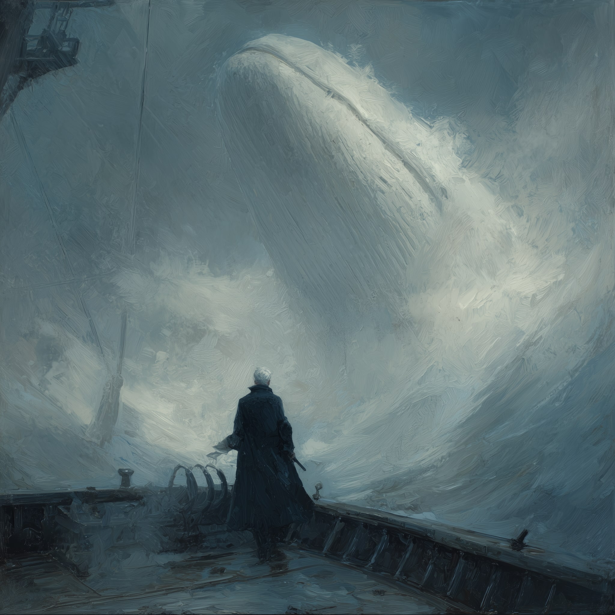 Captain Ahab on a ship’s deck facing a massive white whale, stormy sea