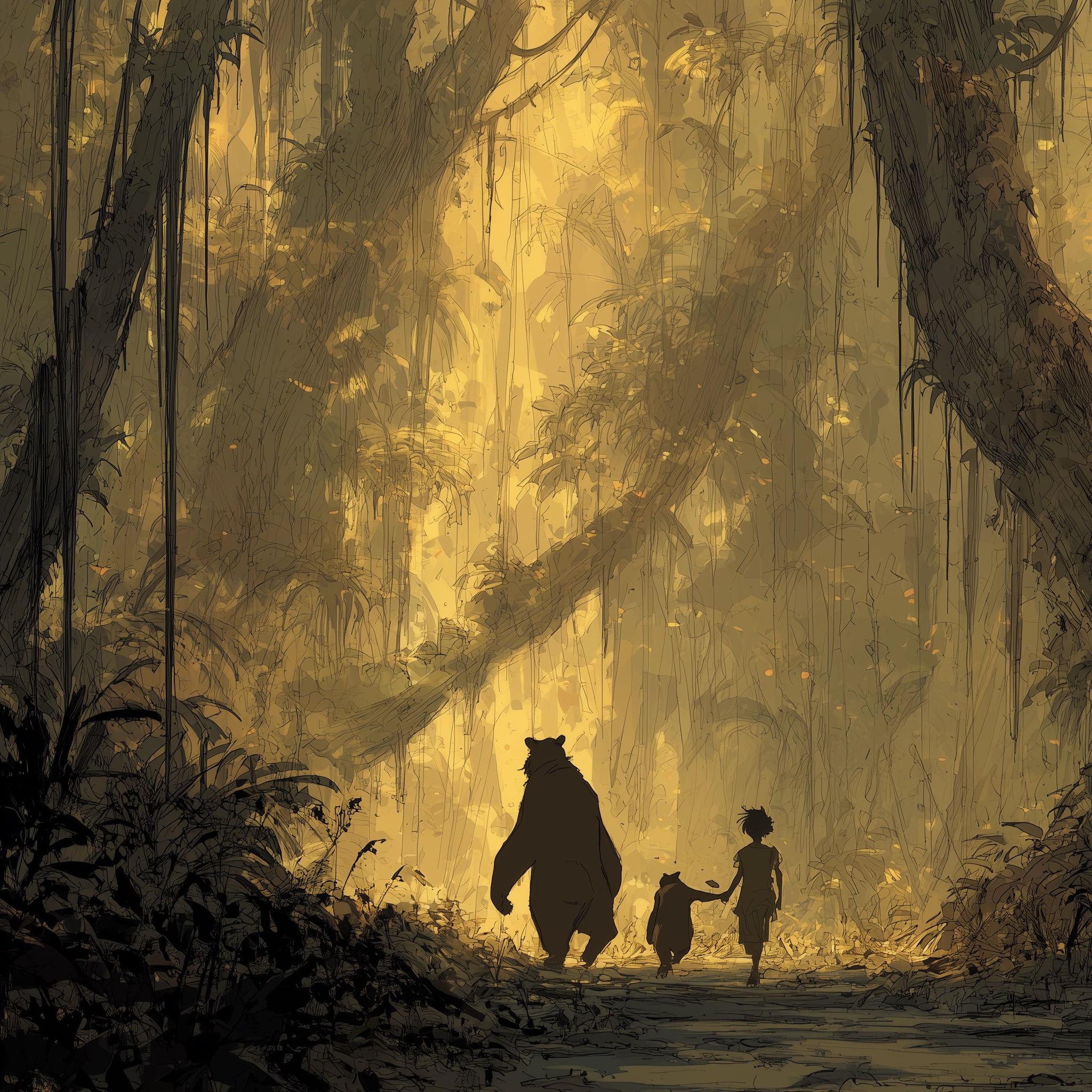 Mowgli walking through the jungle with Bagheera and Baloo, golden sunlight