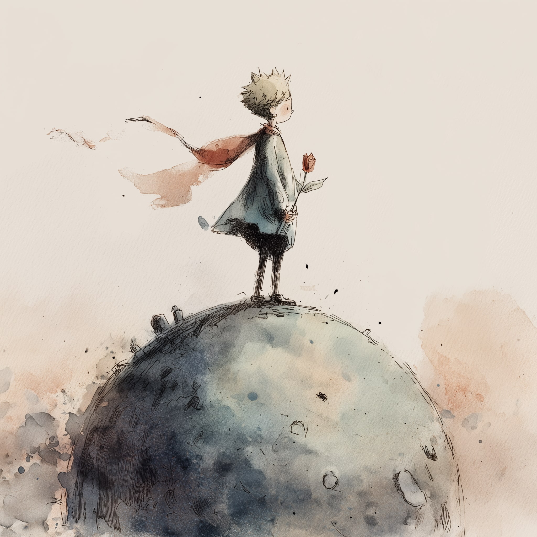 The Little Prince standing on a tiny planet with a rose, soft pastel colors
