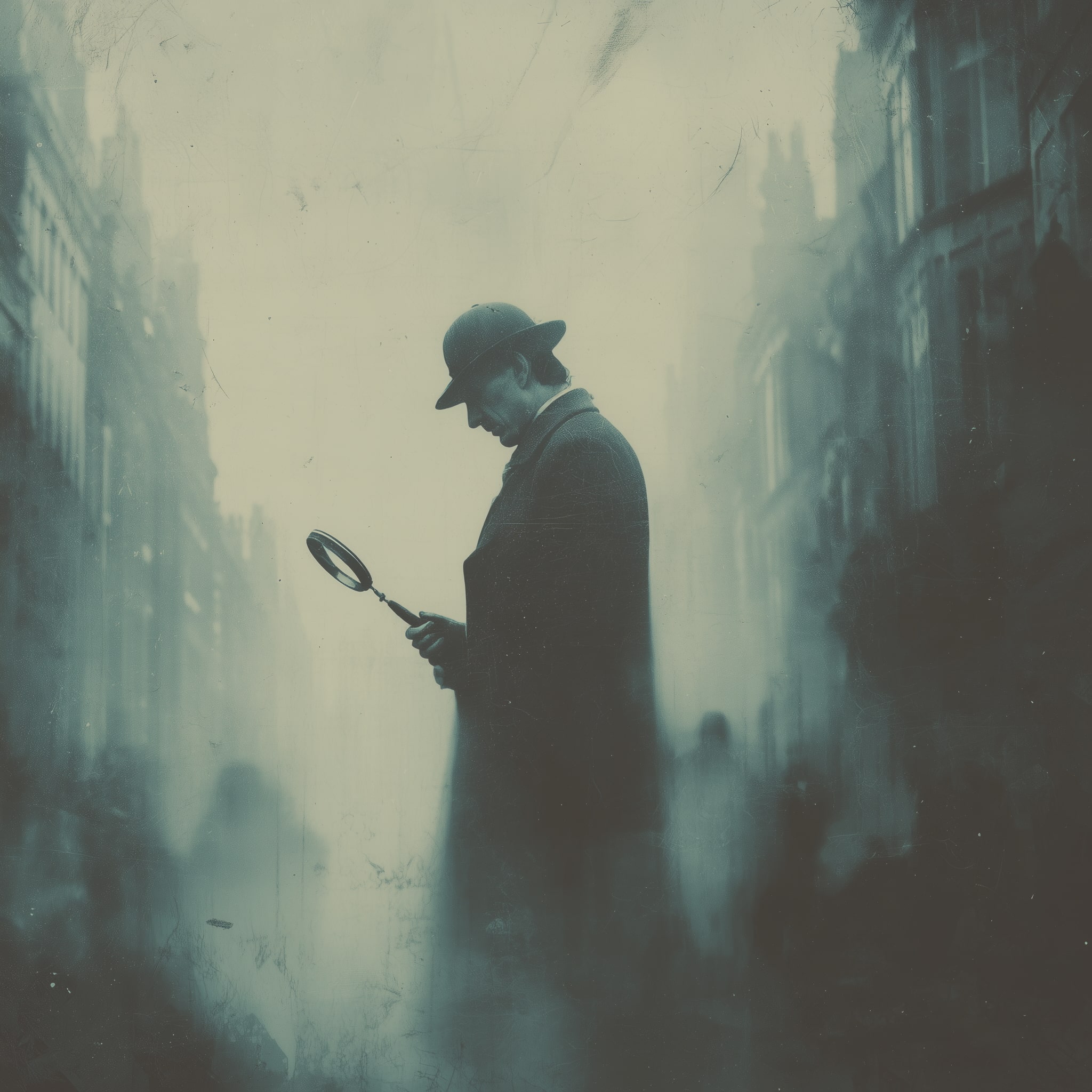 Sherlock Holmes in a Victorian London street with fog, holding a magnifying glass
